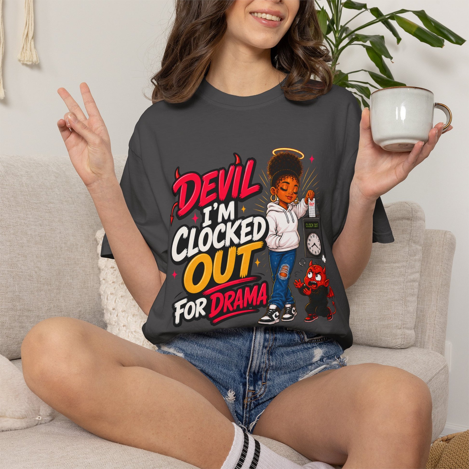T-Shirt — "Devil I'm Clocked Out for Drama" Graphic Tee - ClaimedbyGodDesigns