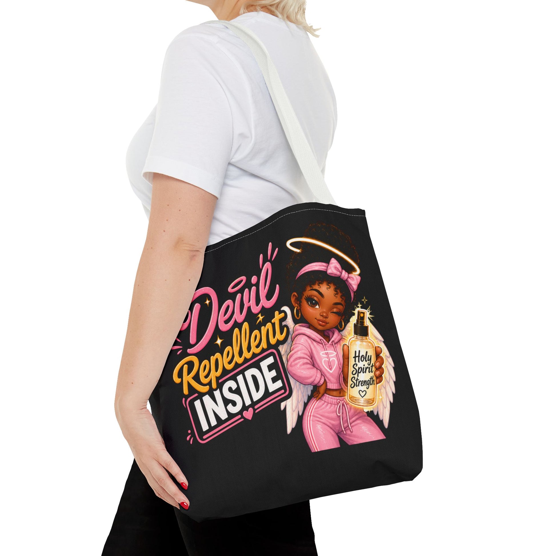 Tote Bag - "Devil Repellent Inside" Angel Girl Graphic Tote | Cute Protective Faith Gift - ClaimedbyGodDesigns