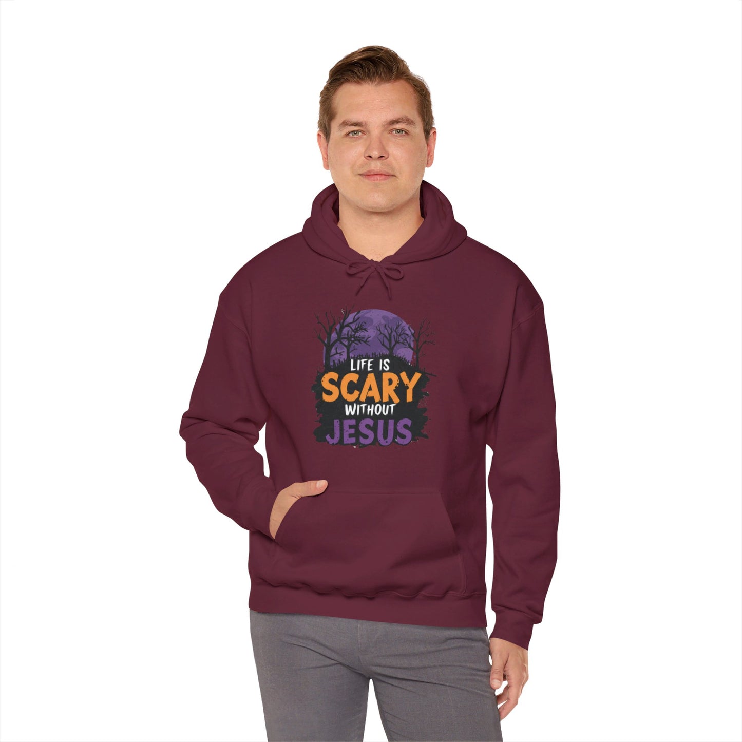 Life Is Scary Without Jesus Halloween Unisex Christian Pullover Hooded Sweatshirt