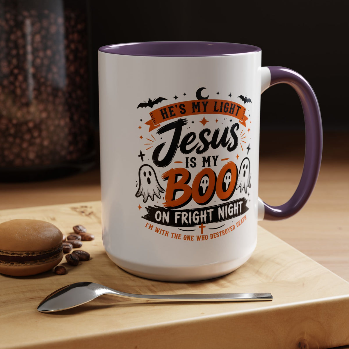 Christian Coffee Mug — "He's My Light, Jesus Is My Boo" Halloween Accent Mug