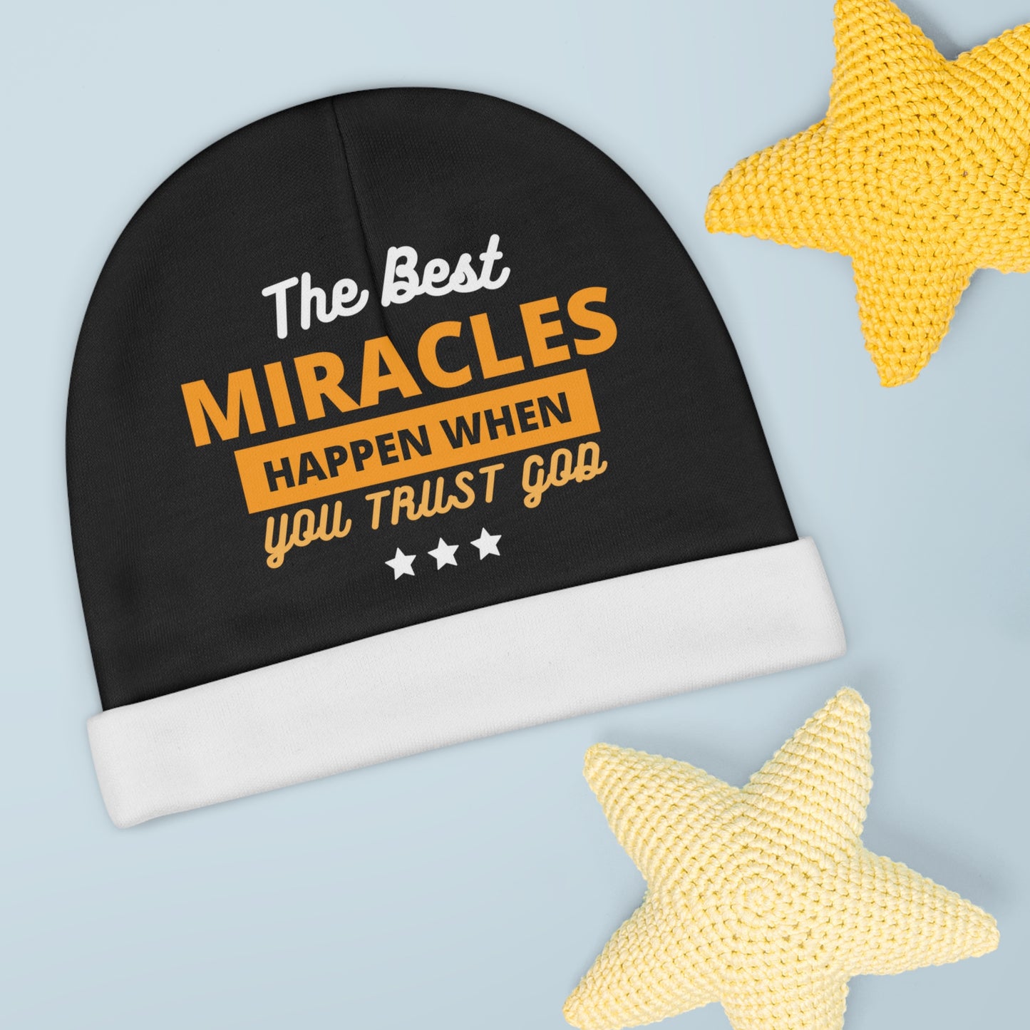 The Best Miracles Happen When You Trust God Christian Baby Beanie (AOP) Printify