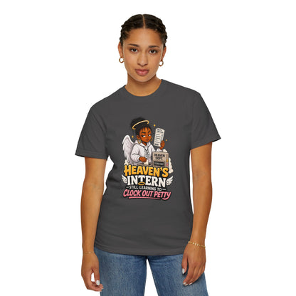 Heaven's Intern T-shirt – Funny Angel Nurse Tee ('Still Learning to Clock Out Petty')