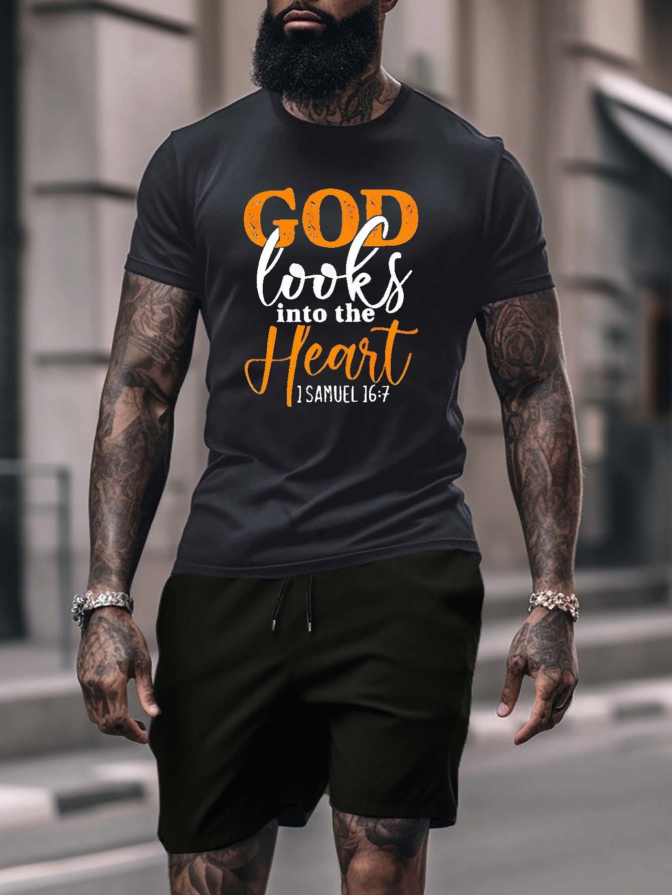 1 Samuel 16:7 God Looks Into The Heart Plus Size Men's Christian Casual Outfit claimedbygoddesigns