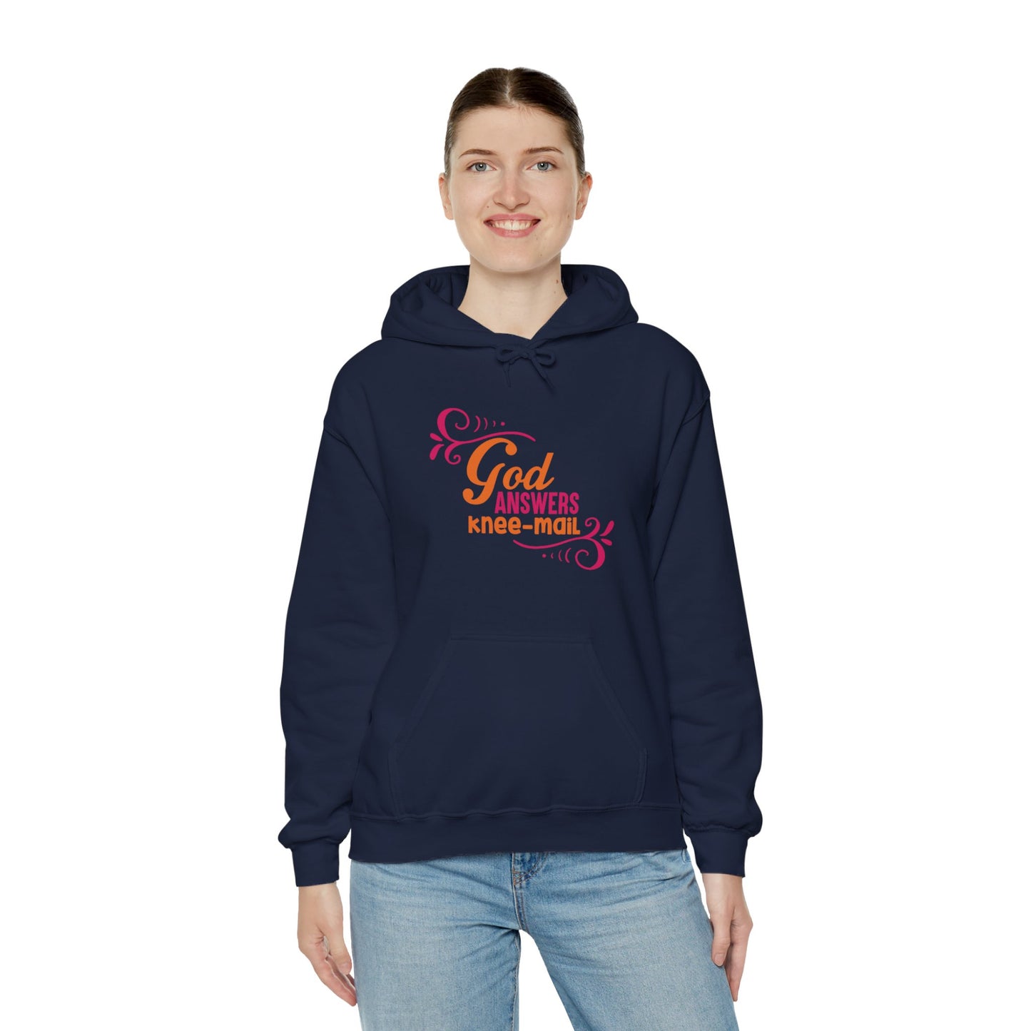 God Answers Knee Mail Funny Unisex Christian Hooded Pullover Sweatshirt