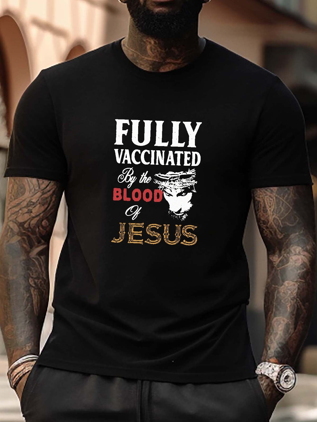 Fully Vaccinated By The Blood Of Jesus Men's Christian T-shirt claimedbygoddesigns