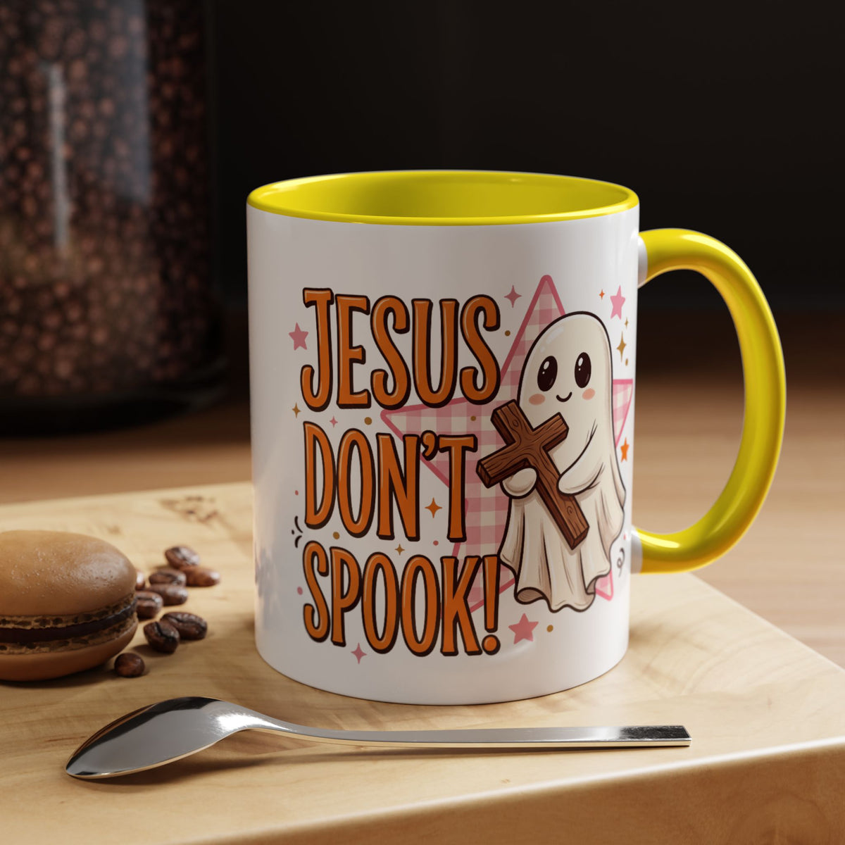 Accent Coffee Mug — "Jesus Don't Spook!" Cute Ghost Christian Coffee Mug (11/15oz)