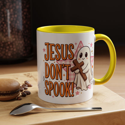 Accent Coffee Mug — "Jesus Don't Spook!" Cute Ghost Christian Coffee Mug (11/15oz)