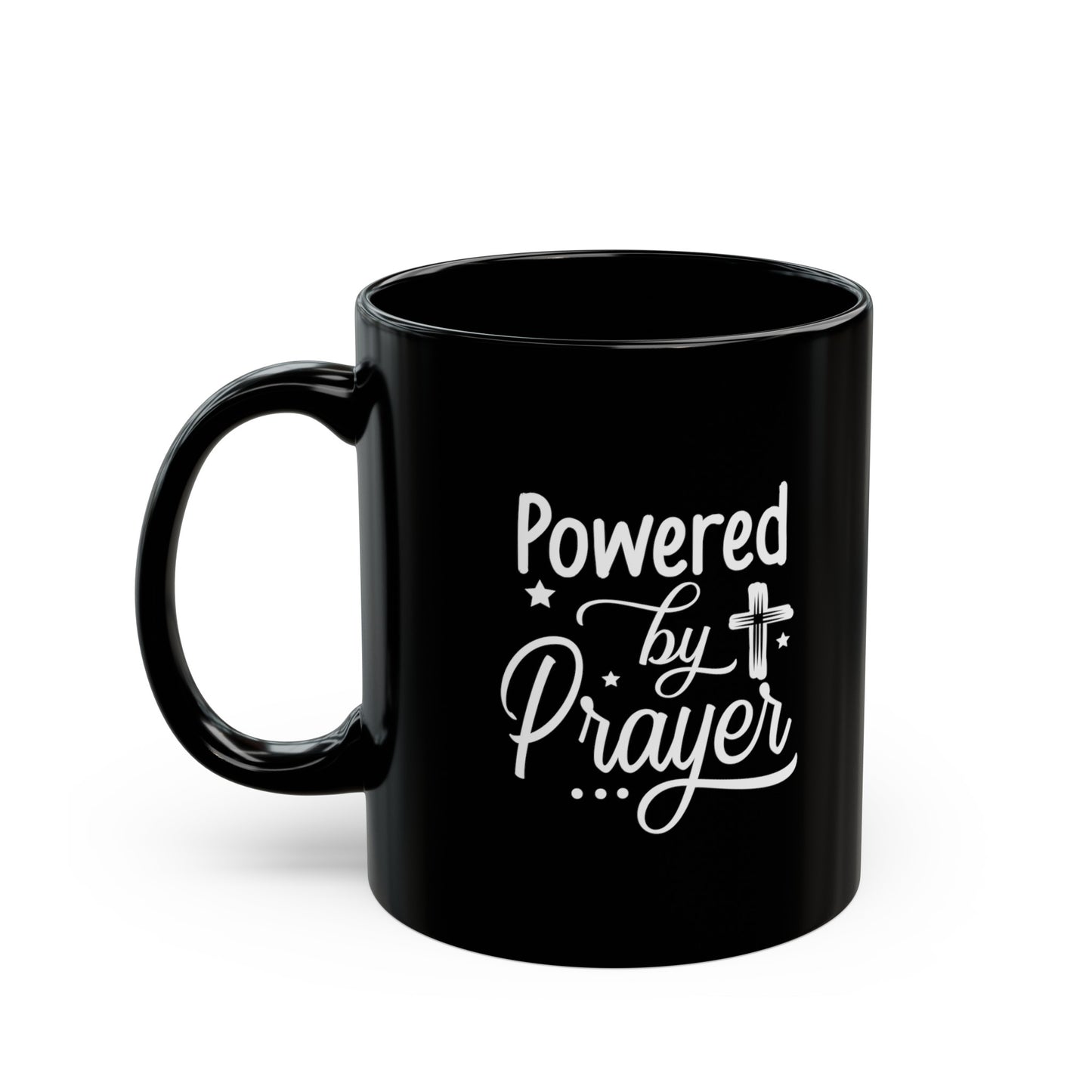 Powered By Prayer Christian Black Ceramic Mug 11oz (double sided print) Printify