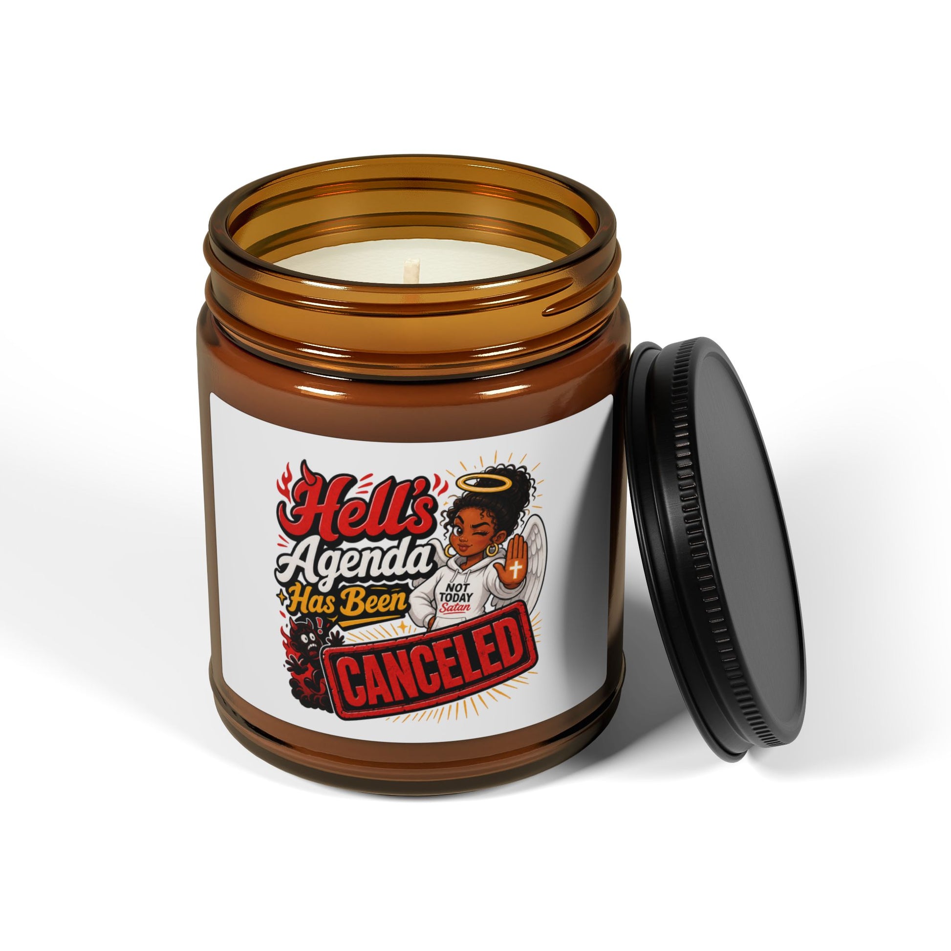 Soy Candle – “Hell’s Agenda Has Been Canceled” Amber Jar - ClaimedbyGodDesigns