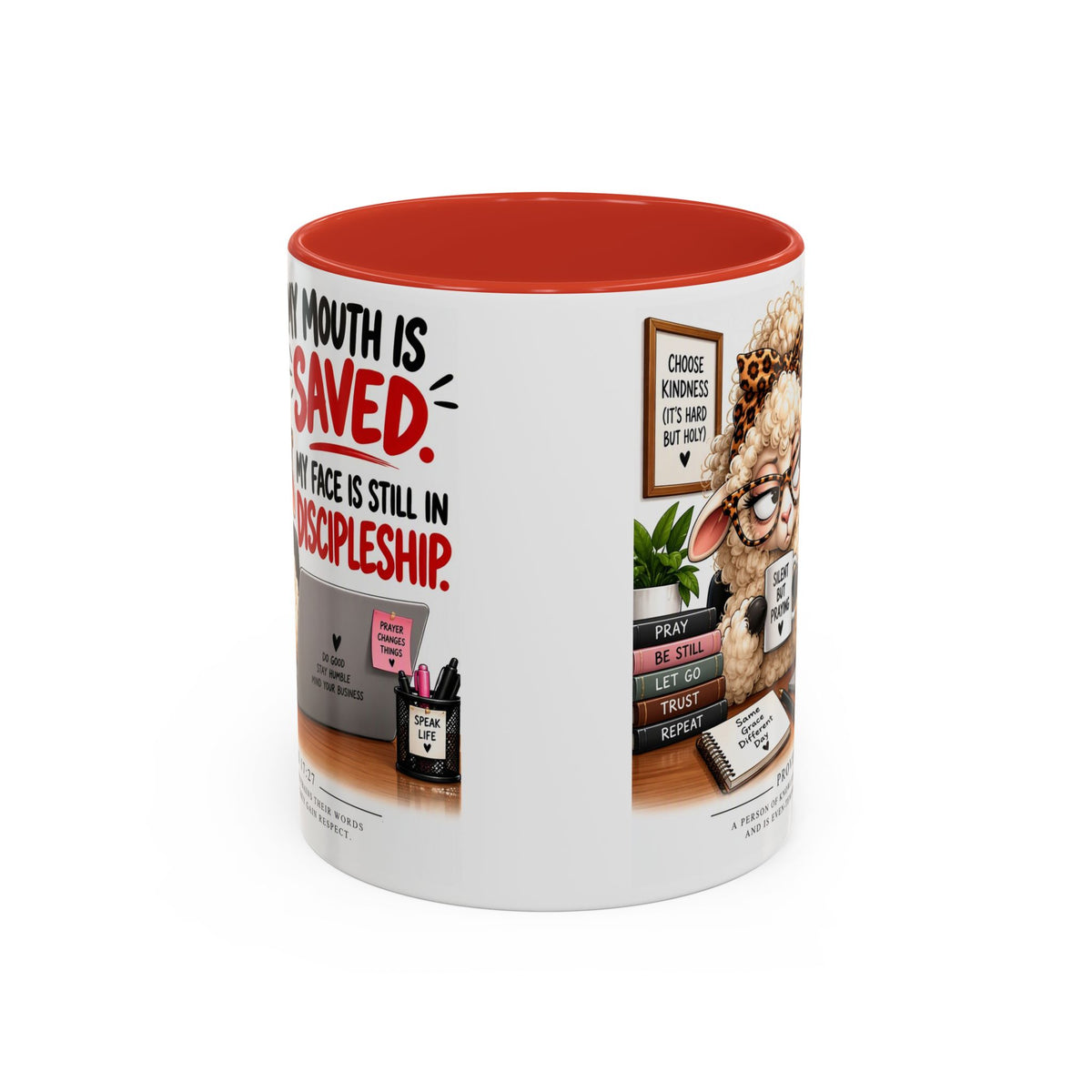 Saved & Sassy Sheep Coffee Mug — "My Mouth Is Saved, My Face Is Still In Discipleship" Accent Mug