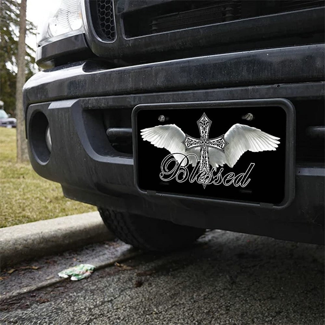 Blessed Angel Wings Cross Christian Front License Plate claimedbygoddesigns