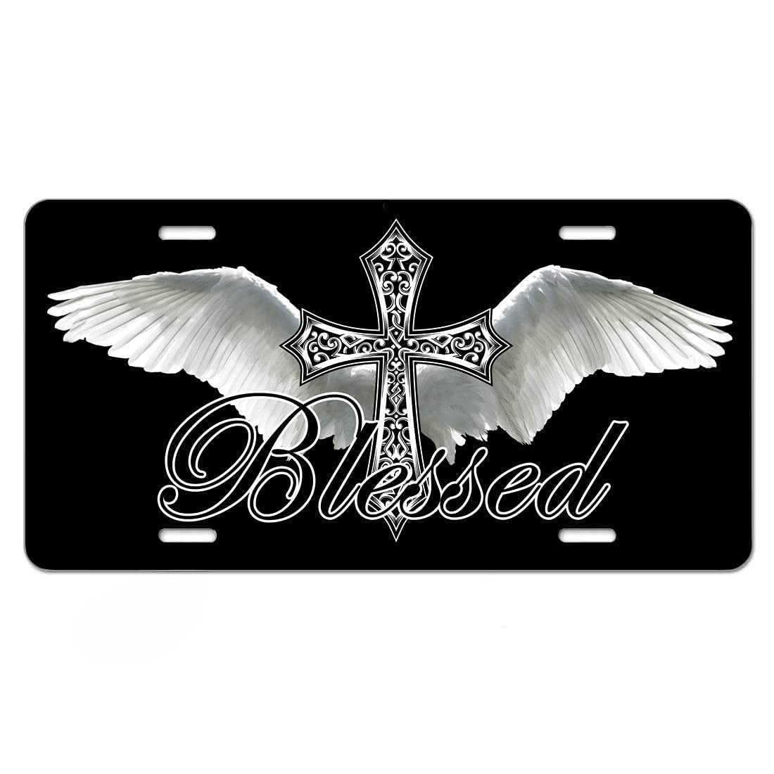 Blessed Angel Wings Cross Christian Front License Plate claimedbygoddesigns