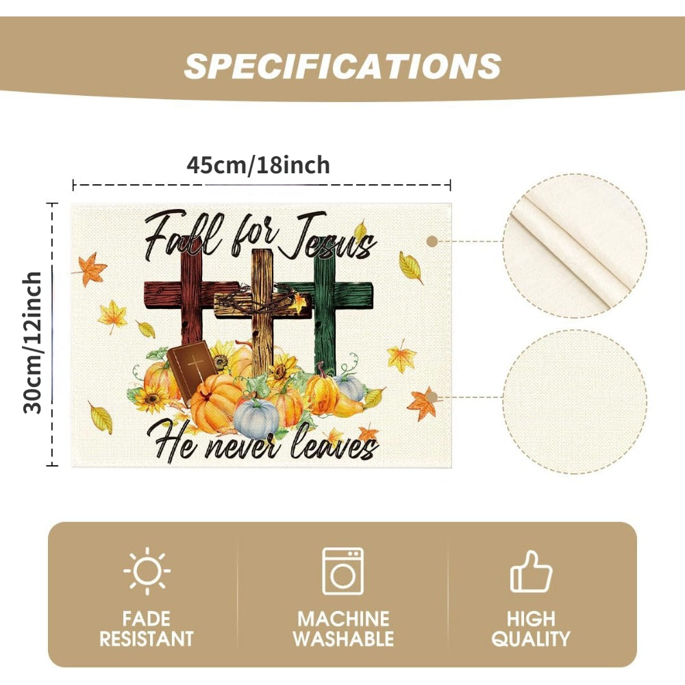 Fall For Jesus He Never Leaves Christian Table Placemat claimedbygoddesigns