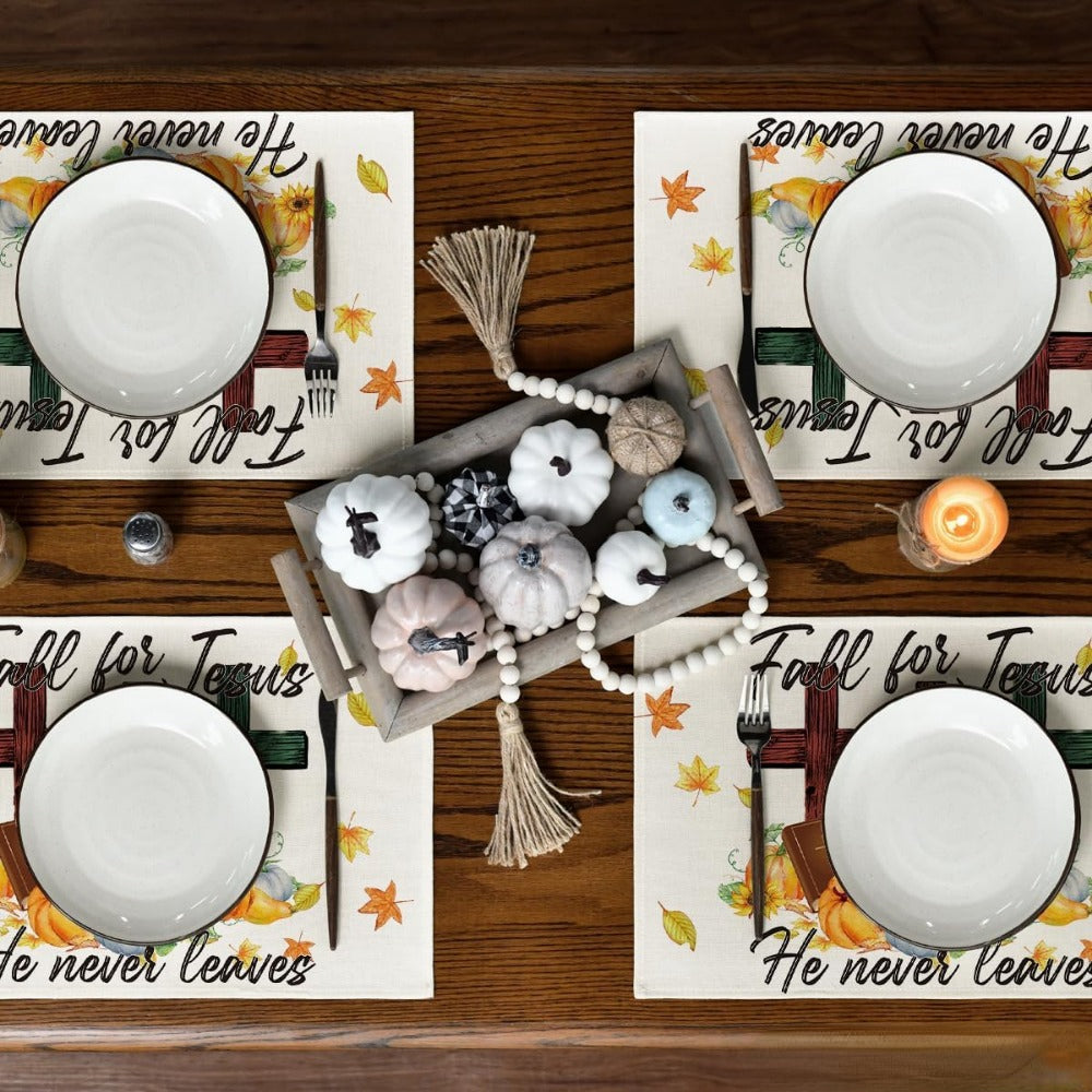 Fall For Jesus He Never Leaves Christian Table Placemat claimedbygoddesigns
