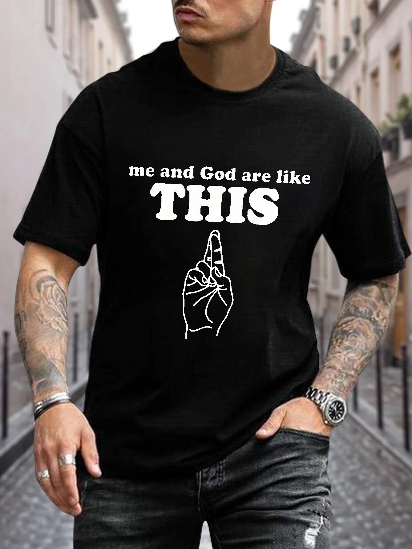 Me & God Are Like This PLUS SIZE Men's Christian T-shirt claimedbygoddesigns