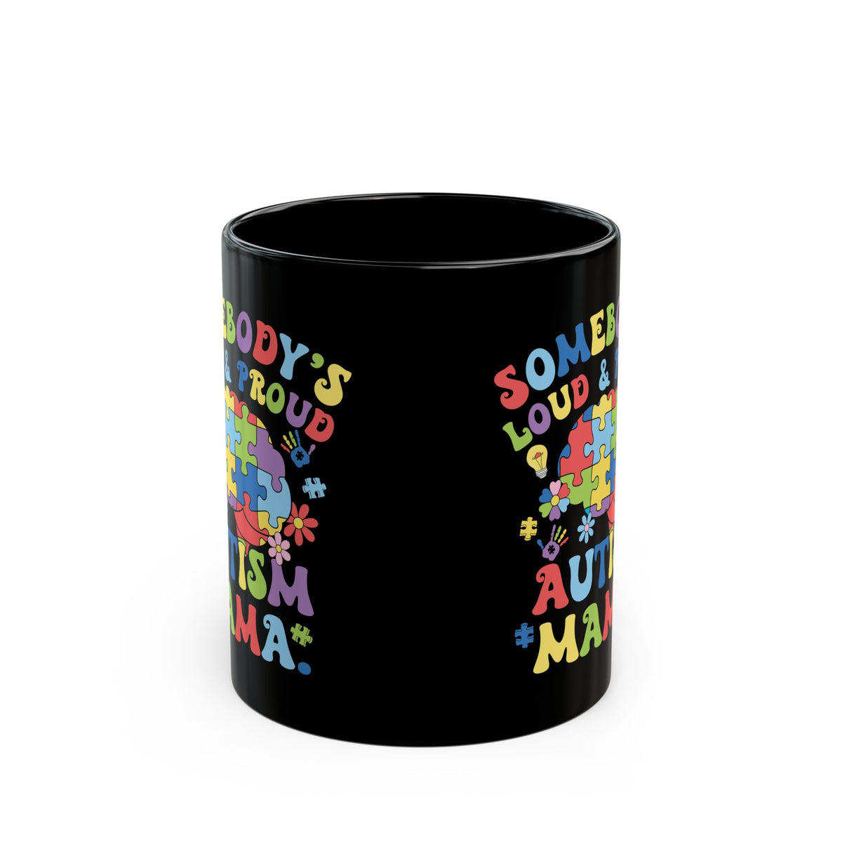 Proud Autism Mama black coffee mug with colorful design