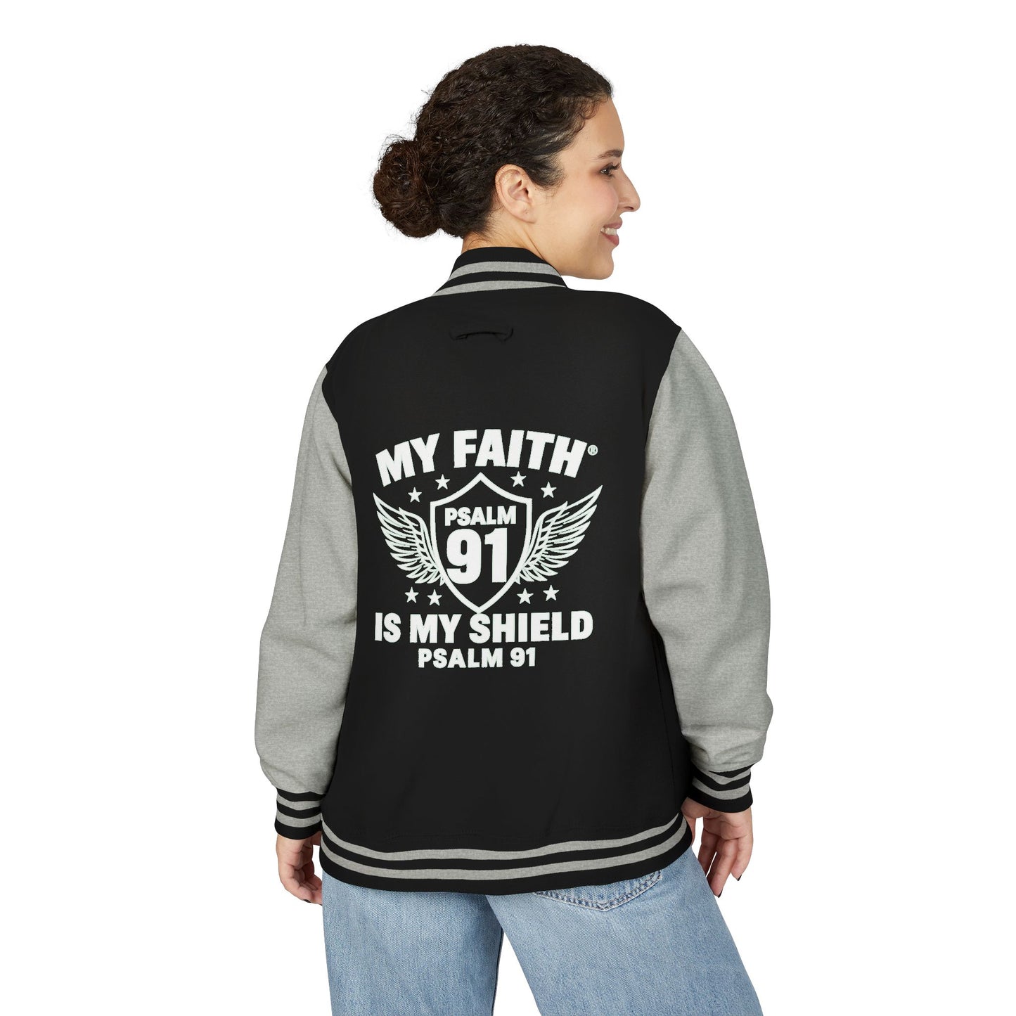 Letterman Jacket — “My Faith Is My Shield” 91 Vintage Varsity Jacket - ClaimedbyGodDesigns