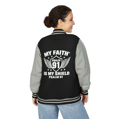 Letterman Jacket — “My Faith Is My Shield” 91 Vintage Varsity Jacket - ClaimedbyGodDesigns