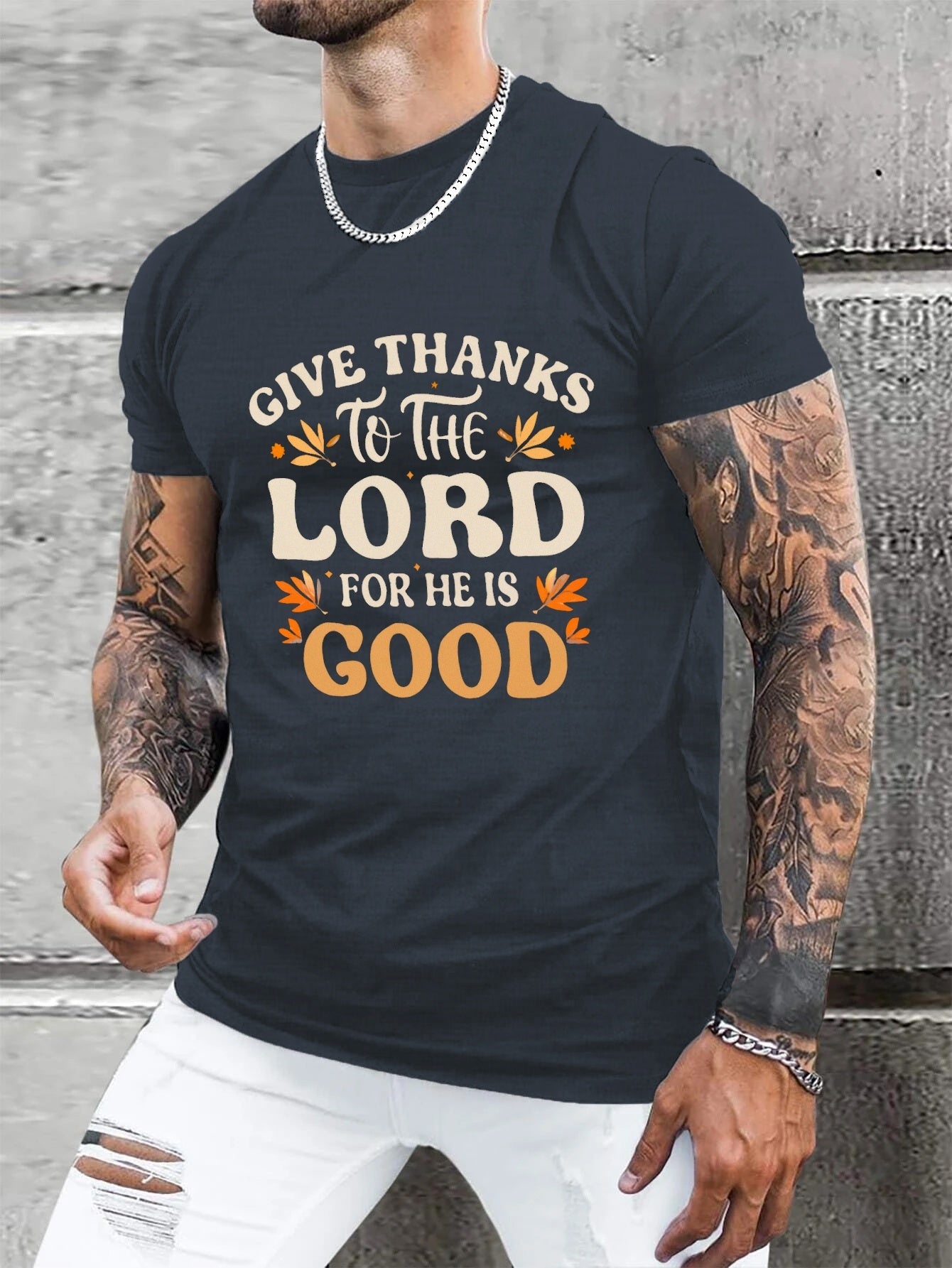 Give Thanks To The Lord For He Is Good (thanksgiving themed) Men's Christian T-Shirt claimedbygoddesigns