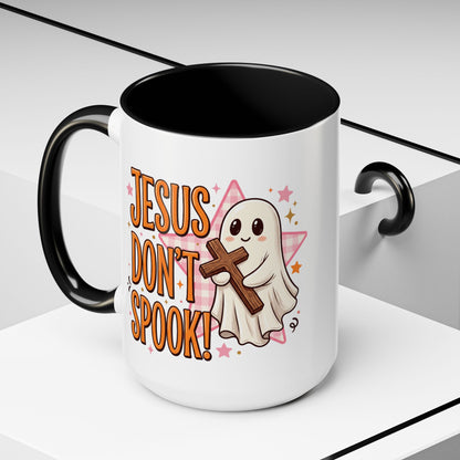 Accent Coffee Mug — "Jesus Don't Spook!" Cute Ghost Christian Coffee Mug (11/15oz)