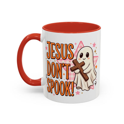 Accent Coffee Mug — "Jesus Don't Spook!" Cute Ghost Christian Coffee Mug (11/15oz)