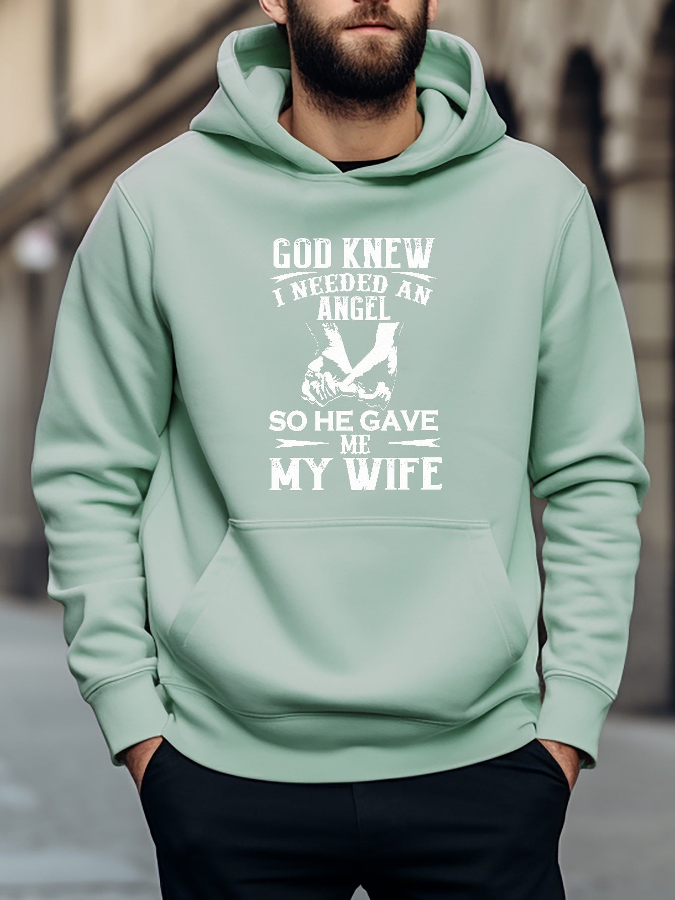 GOD KNEW I NEEDED AN ANGEL SO HE GAVE ME MY WIFE MEN'S CHRISTIAN PULLOVER HOODED SWEATSHIRT claimedbygoddesigns