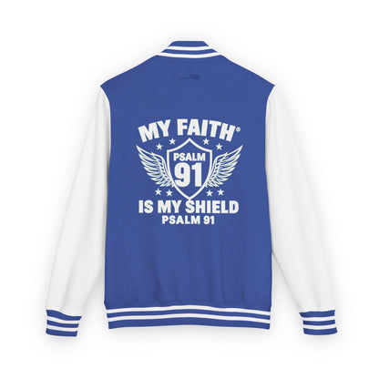 Letterman Jacket — “My Faith Is My Shield” 91 Vintage Varsity Jacket - ClaimedbyGodDesigns
