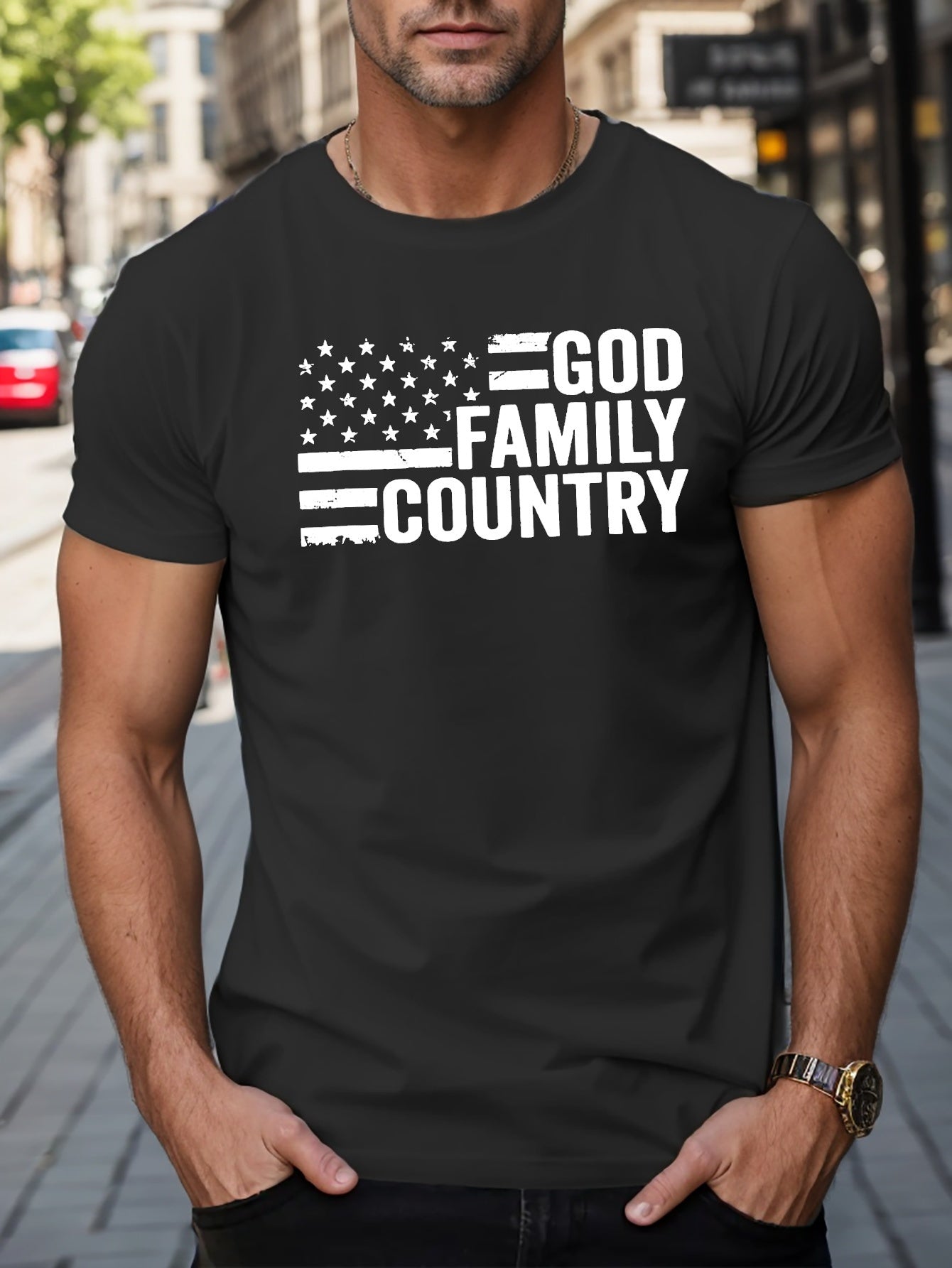 GOD FAMILY COUNTRY Patriotic American Flag Men's Christian T-shirt claimedbygoddesigns