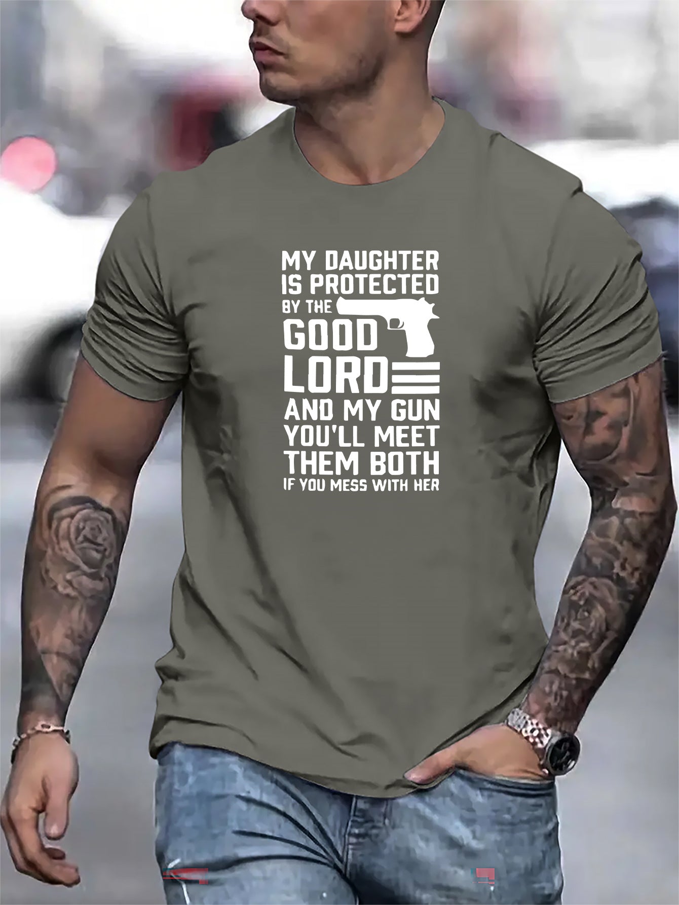 My Daughter Is Protected By The Good Lord Funny Men's Christian T-shirt claimedbygoddesigns