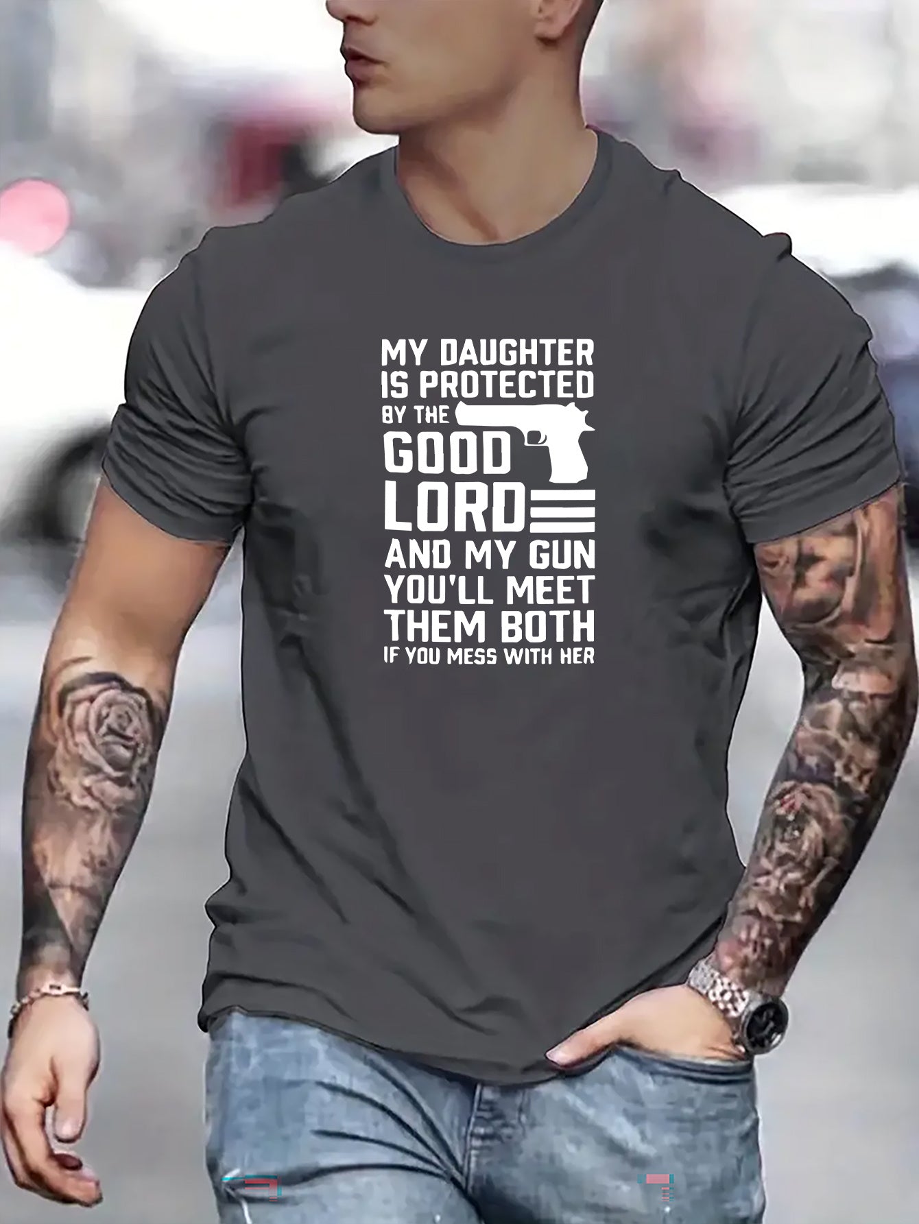 My Daughter Is Protected By The Good Lord Funny Men's Christian T-shirt claimedbygoddesigns