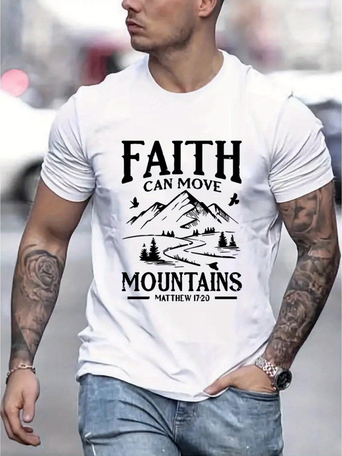 FAITH CAN MOVE MOUNTAINS MEN'S CHRISTIAN T-SHIRT claimedbygoddesigns