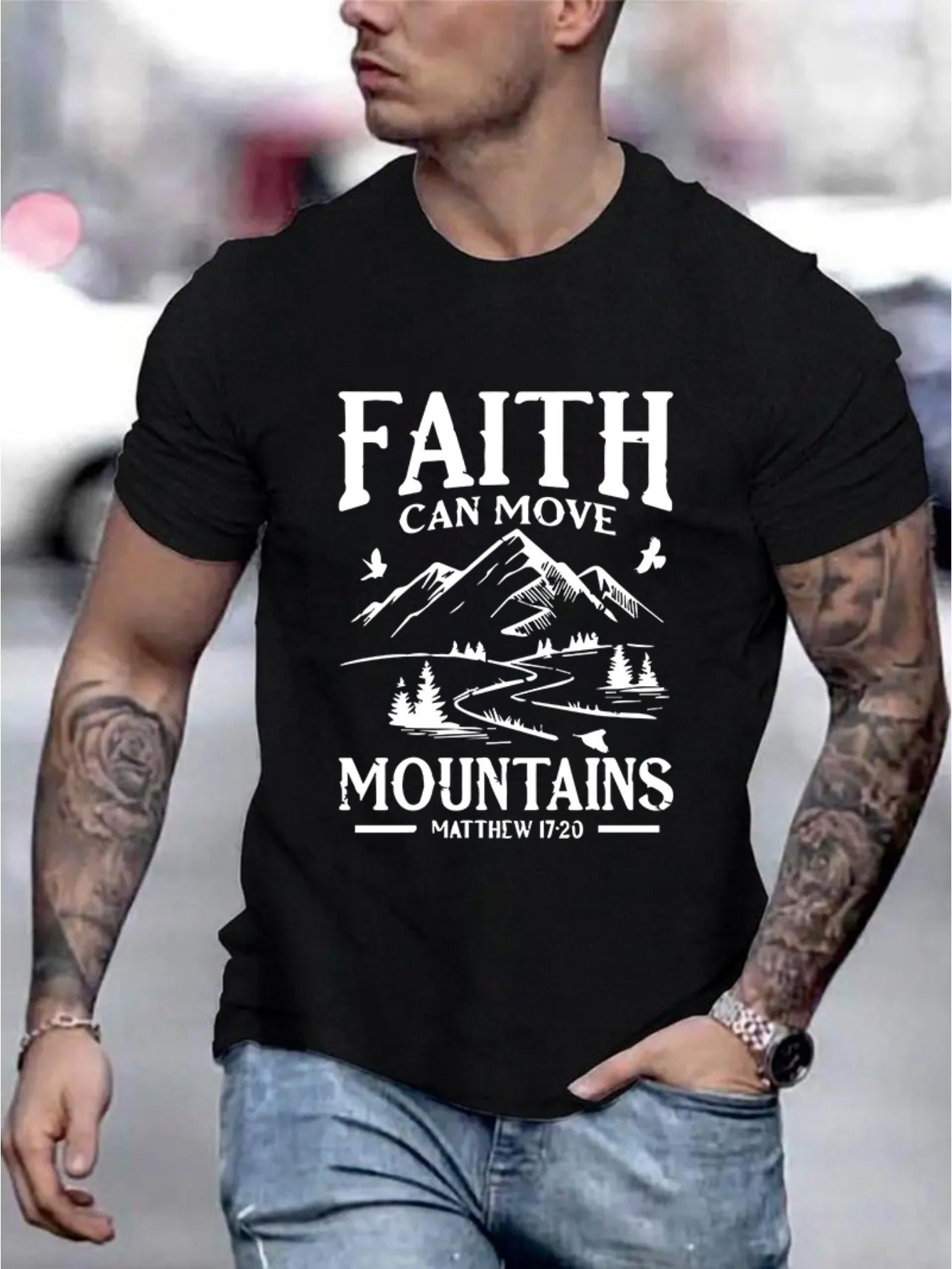 FAITH CAN MOVE MOUNTAINS MEN'S CHRISTIAN T-SHIRT claimedbygoddesigns