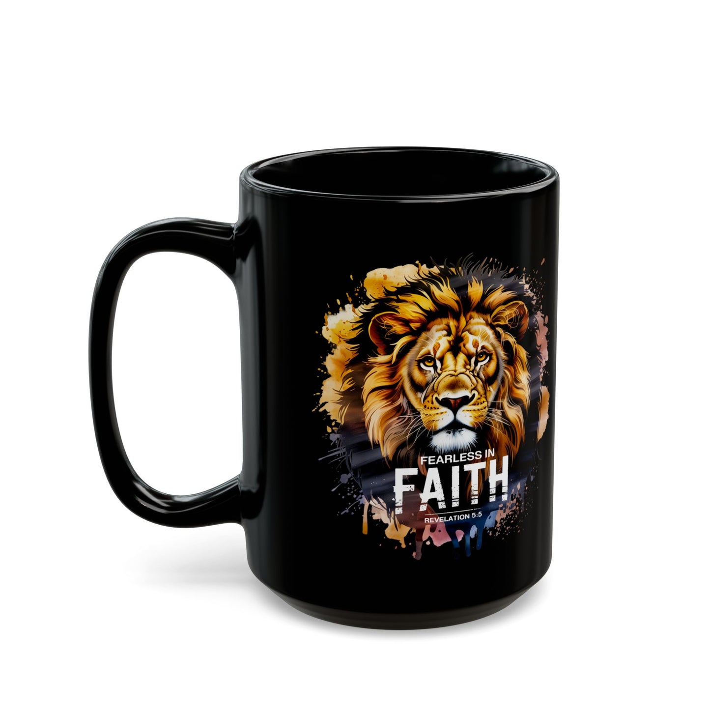Fearless in Faith Lion Black Ceramic Mug - 11oz & 15oz - Inspirational Ceramic Coffee Cup