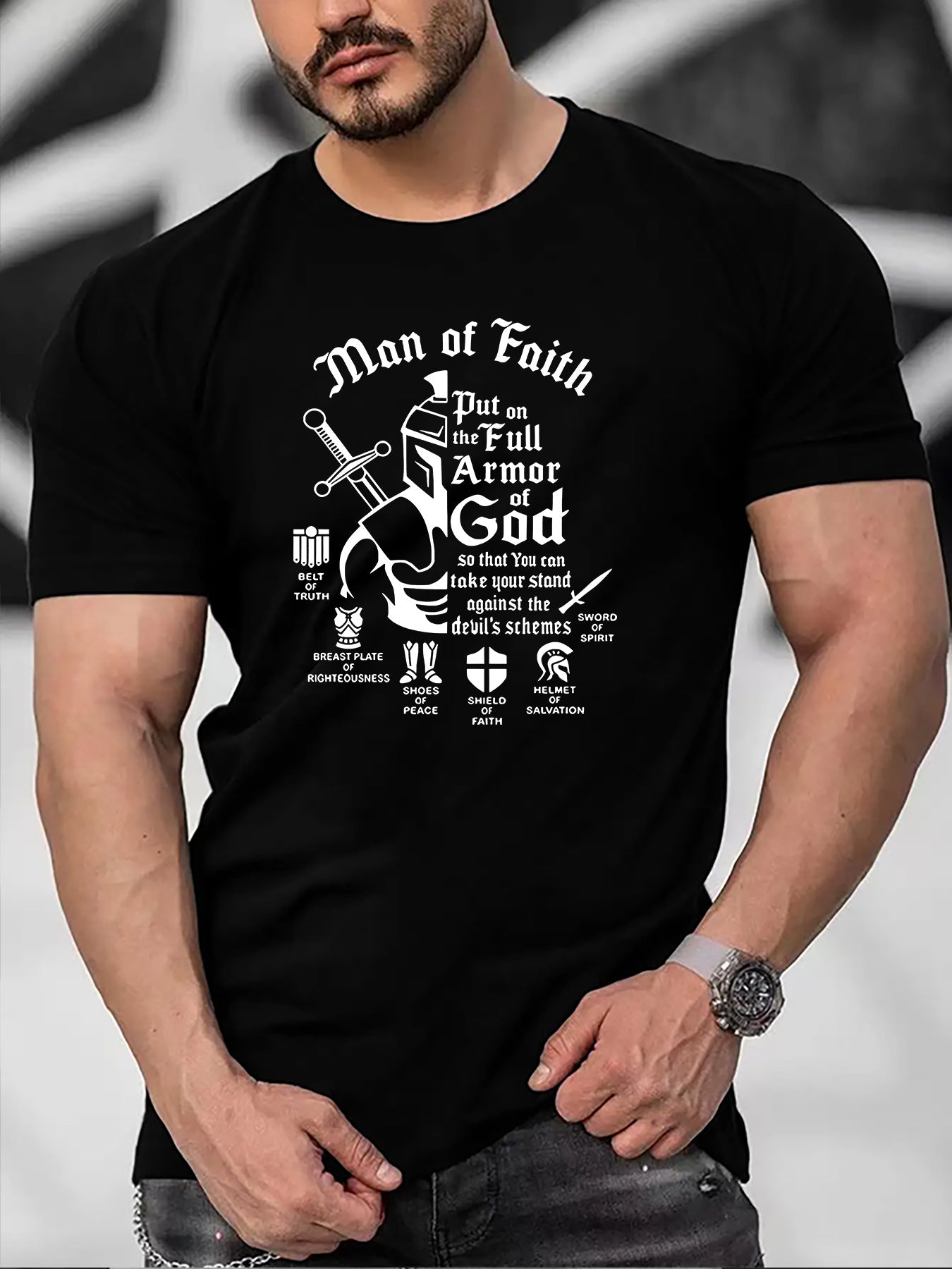 MAN OF FAITH Put On The Full Armor Of God Men's Christian T-shirt claimedbygoddesigns
