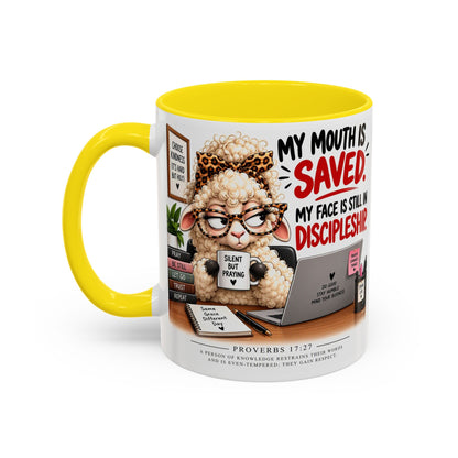Saved & Sassy Sheep Coffee Mug — "My Mouth Is Saved, My Face Is Still In Discipleship" Accent Mug