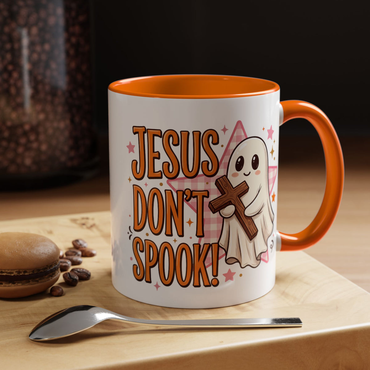 Accent Coffee Mug — "Jesus Don't Spook!" Cute Ghost Christian Coffee Mug (11/15oz)