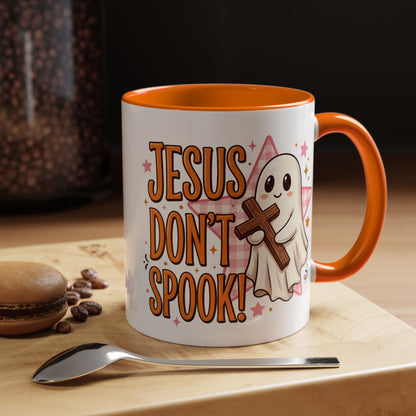 Accent Coffee Mug — "Jesus Don't Spook!" Cute Ghost Christian Coffee Mug (11/15oz)