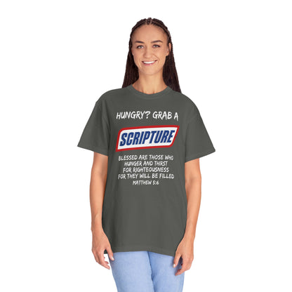 Scripture Snack T-Shirt — "Hungry? Grab a Scripture" Matthew 5:6 Christian Tee
