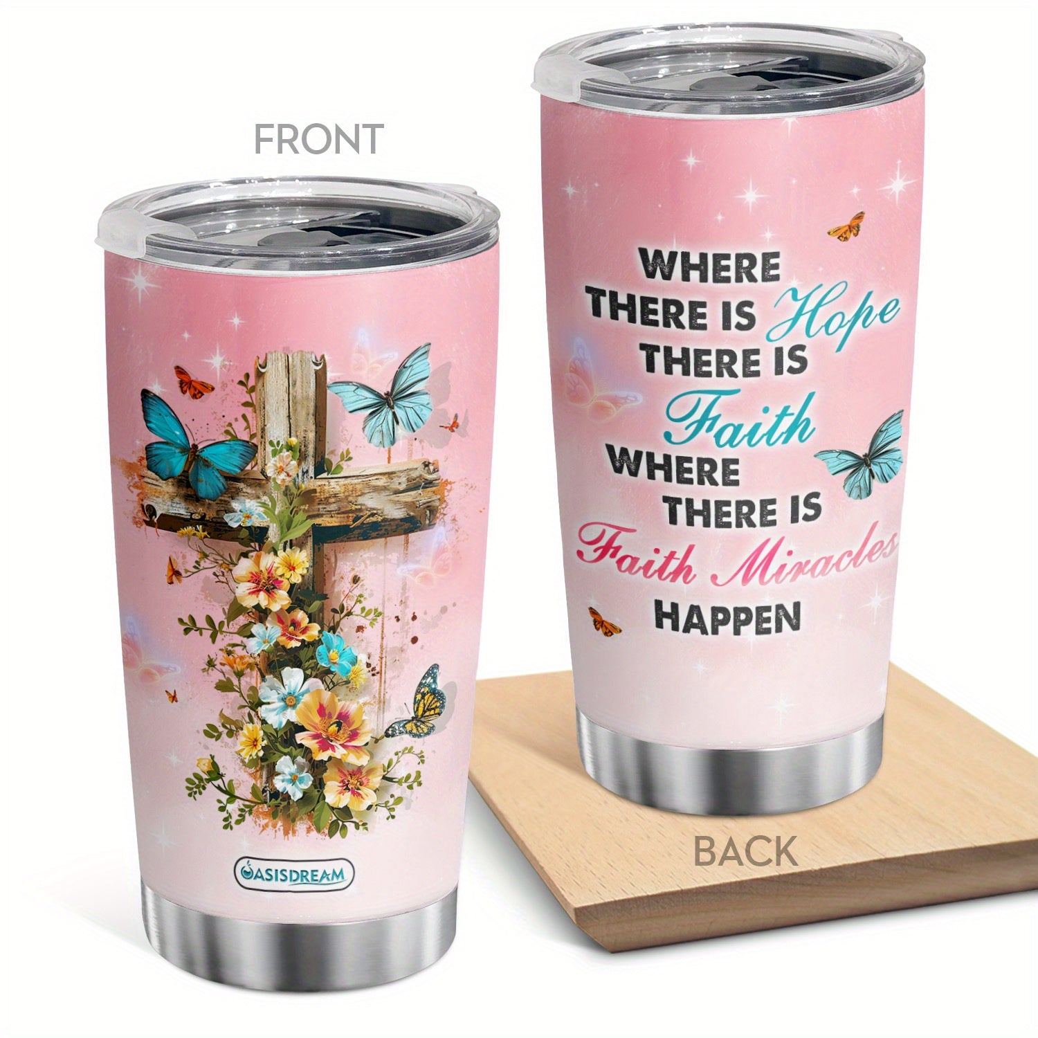 Where There Is Faith Miracles Happen 20oz Christian Stainless Steel Insulated Tumbler With Lid claimedbygoddesigns