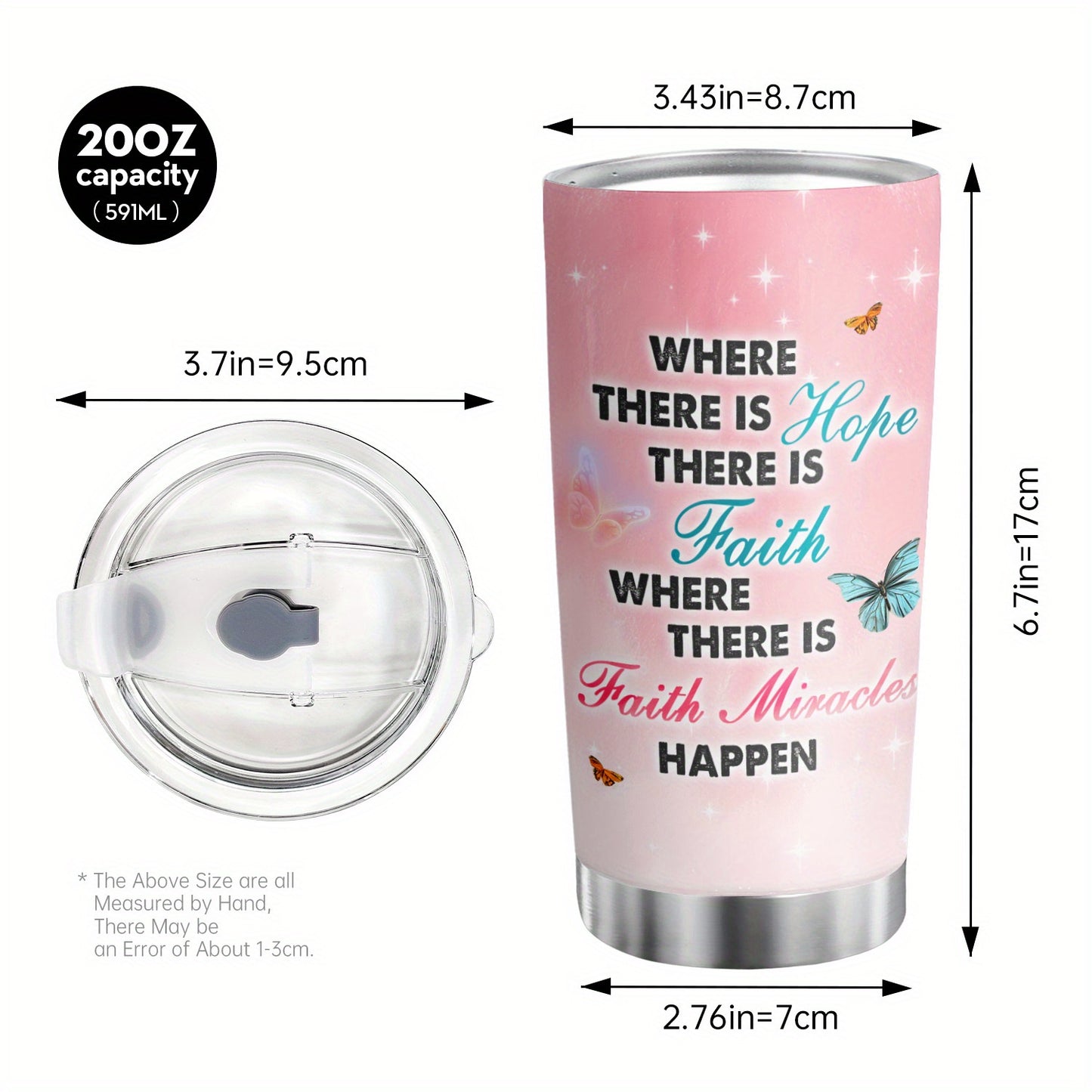 Where There Is Faith Miracles Happen 20oz Christian Stainless Steel Insulated Tumbler With Lid claimedbygoddesigns