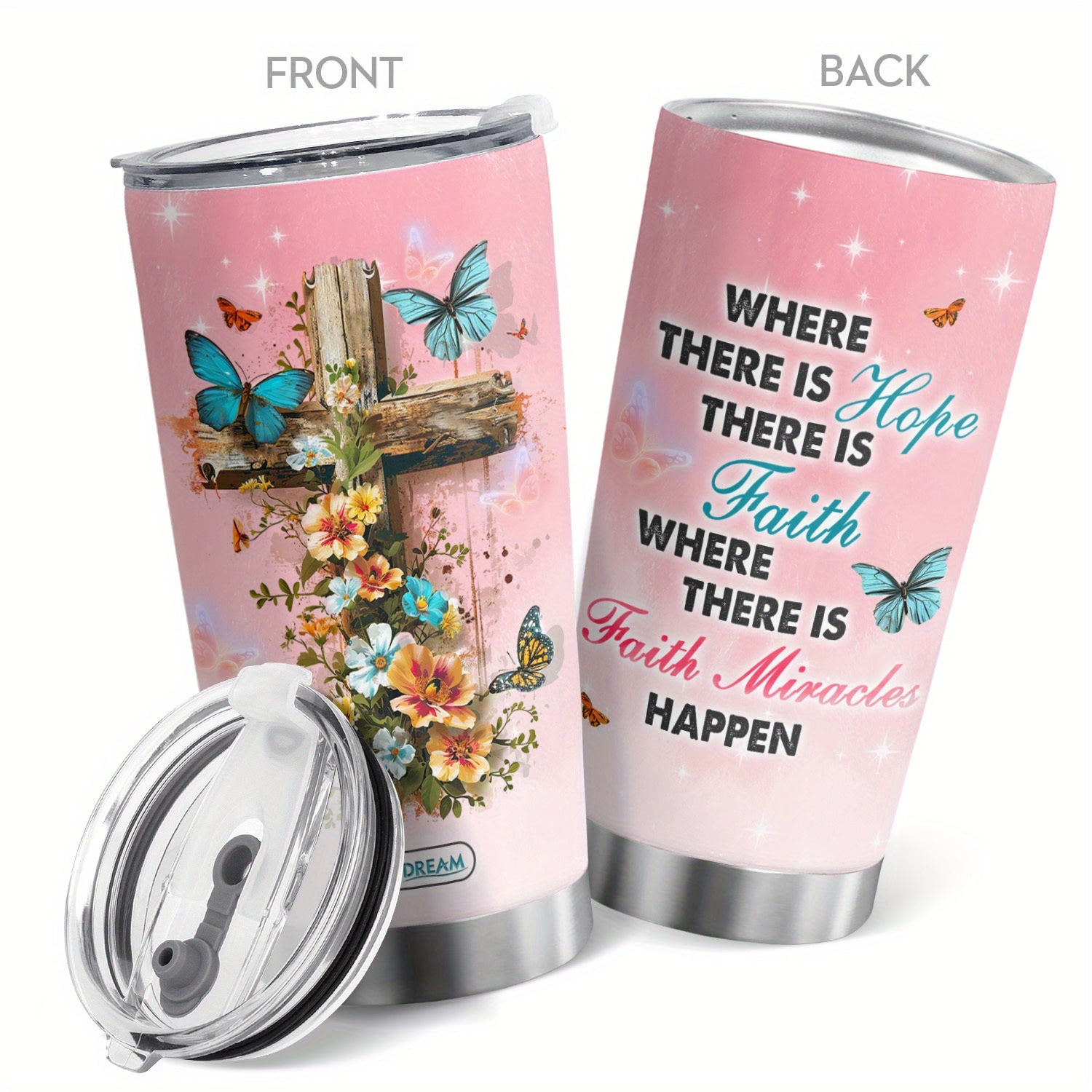 Where There Is Faith Miracles Happen 20oz Christian Stainless Steel Insulated Tumbler With Lid claimedbygoddesigns