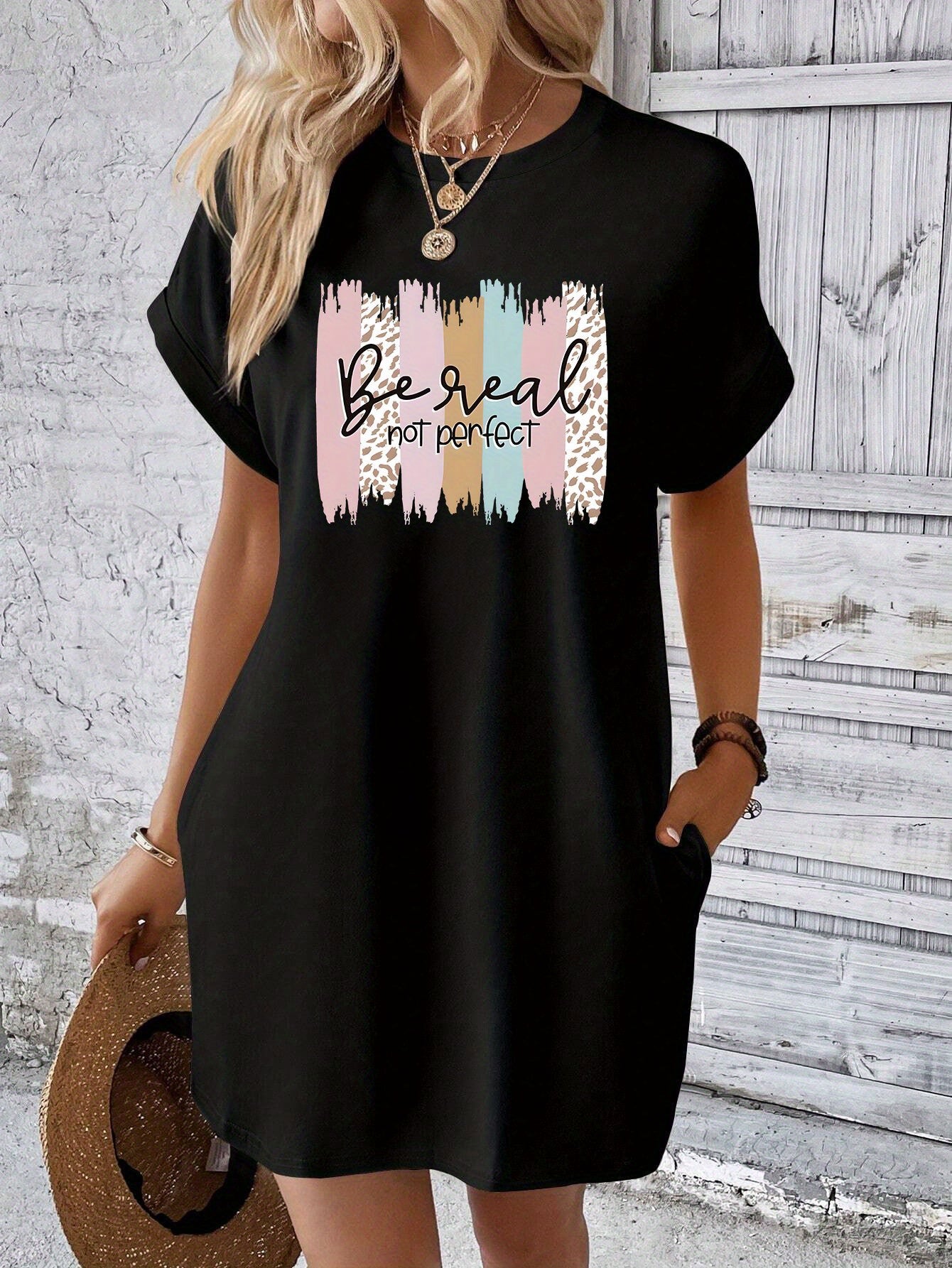 Be Real Not Perfect (pattern) Women's Christian T-shirt Casual Dress claimedbygoddesigns