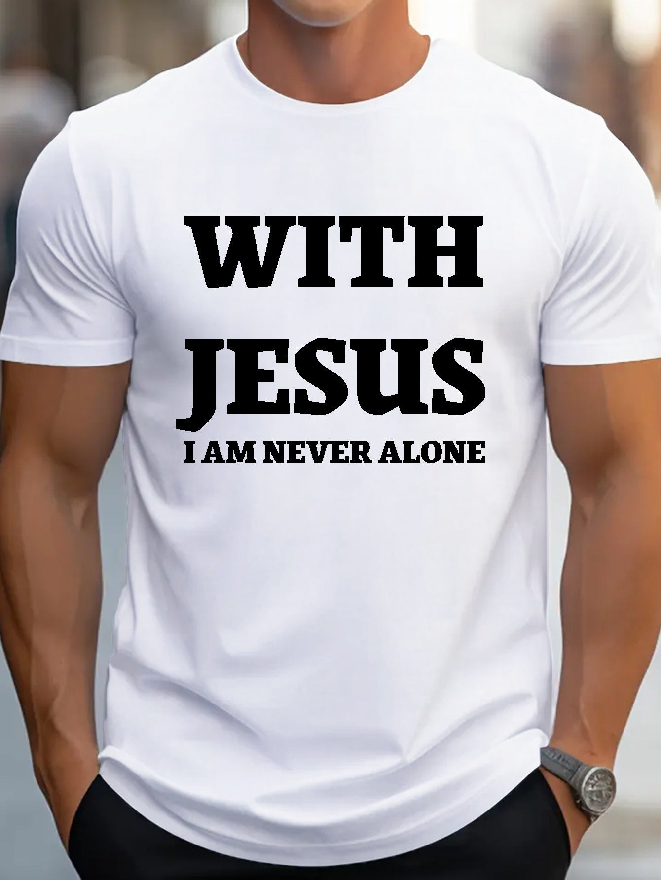 With Jesus I Am Never Alone Men's Christian T-shirt claimedbygoddesigns