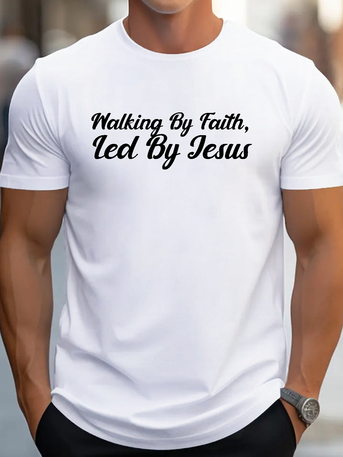 Walking By Faith Led By Jesus Men's Christian T-shirt claimedbygoddesigns