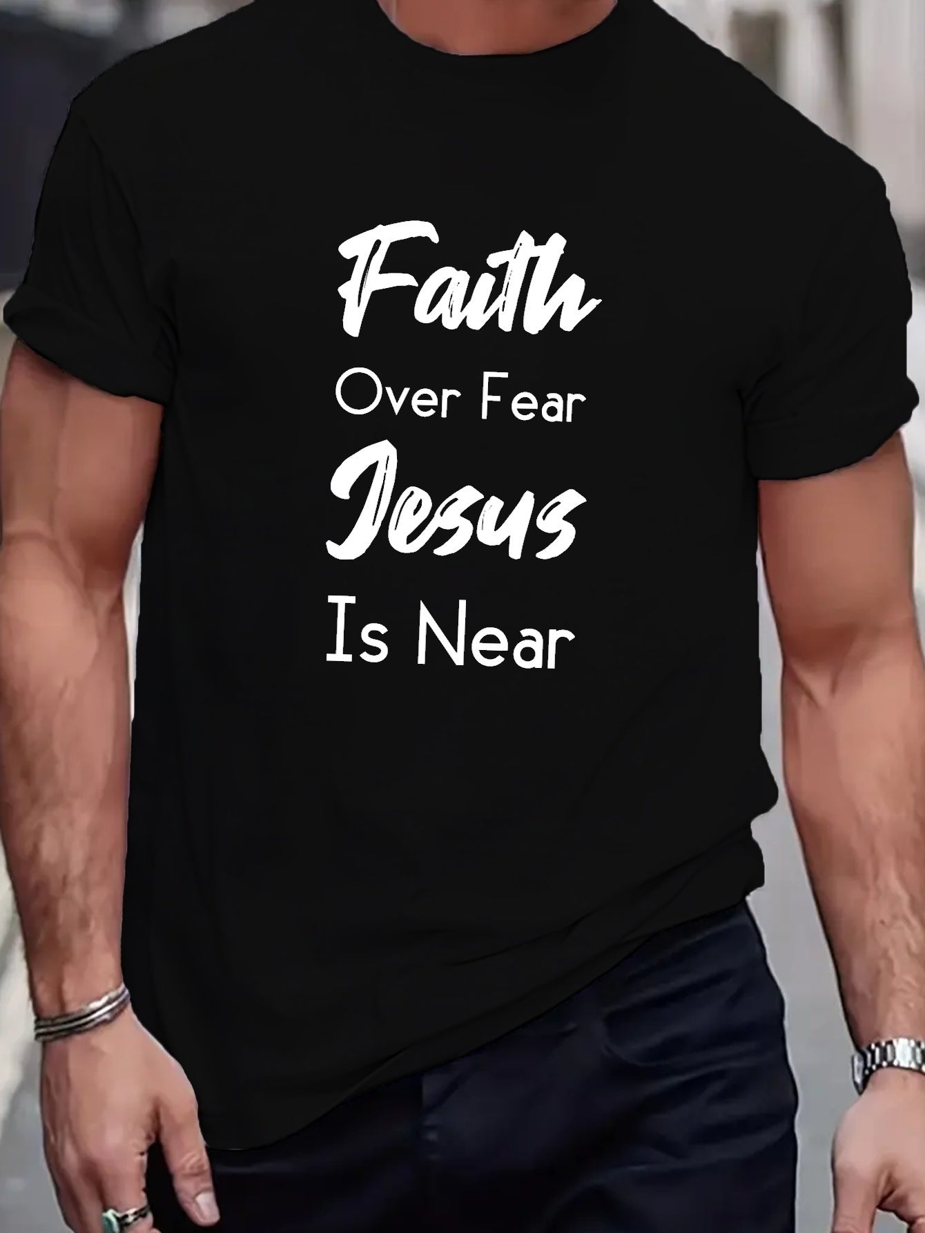 FAITH OVER FEAR Jesus Is Near Men's Christian T-shirt claimedbygoddesigns