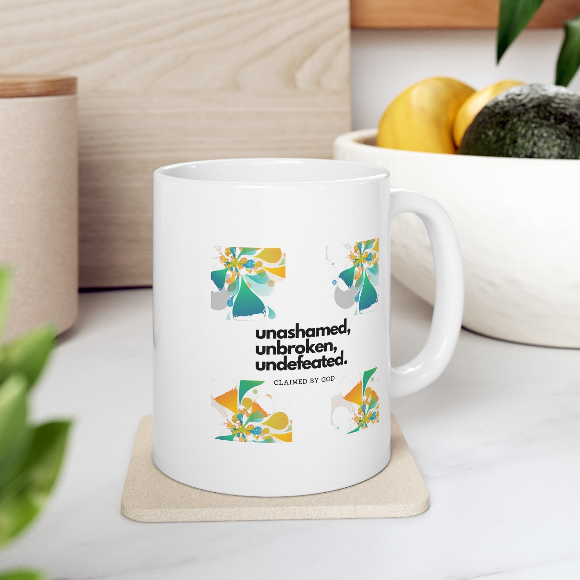 Unashamed, unbroken, undefeated Christian White Ceramic Mug 11oz (double sided print) Printify