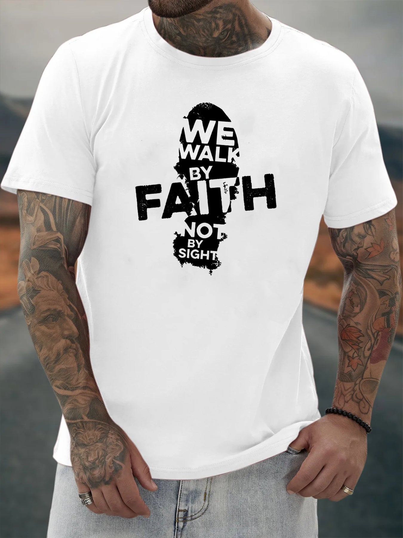 Walk By Faith (footprint 2) Men's Christian T-shirt claimedbygoddesigns