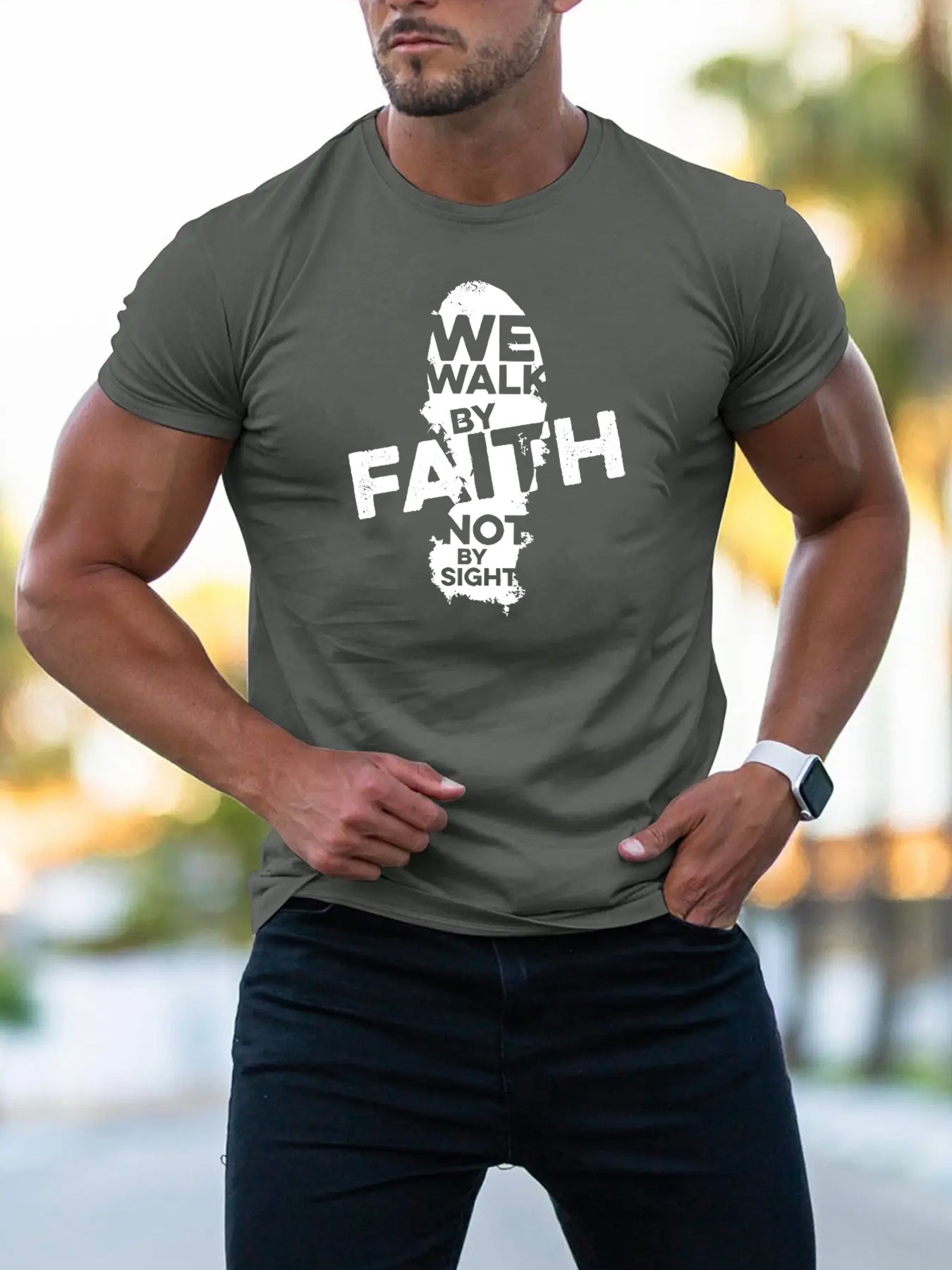 Walk By Faith (footprint 2) Men's Christian T-shirt claimedbygoddesigns