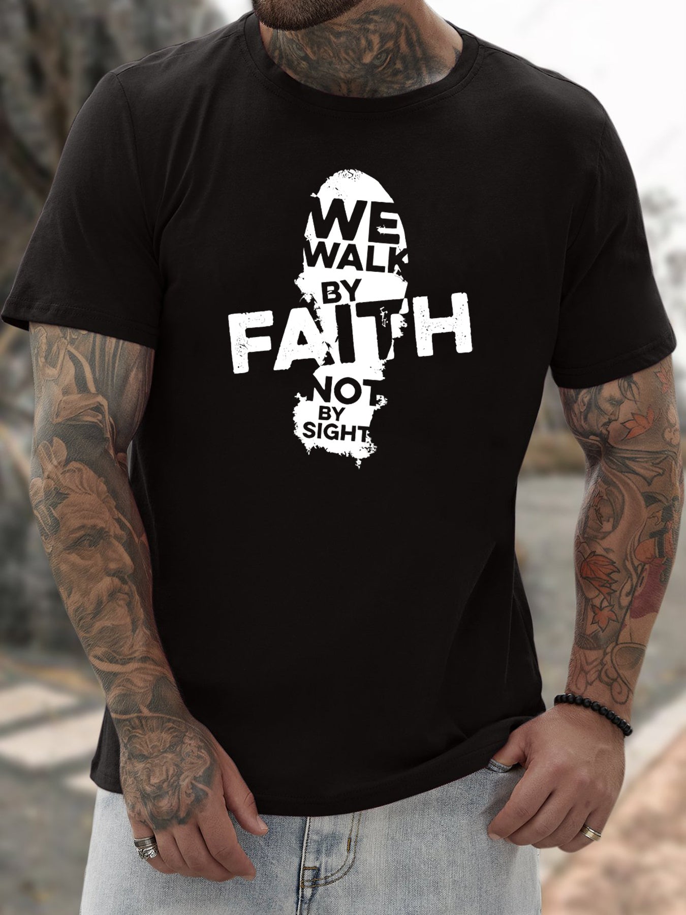 Walk By Faith (footprint 2) Men's Christian T-shirt claimedbygoddesigns