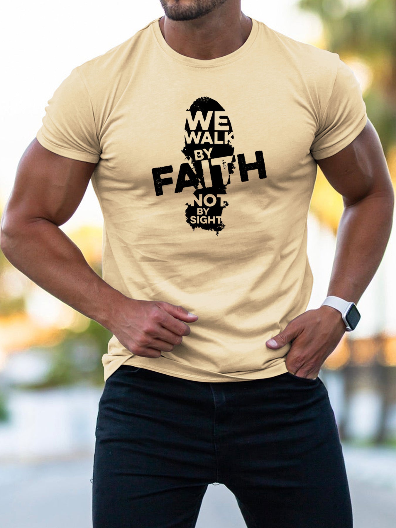 Walk By Faith (footprint 2) Men's Christian T-shirt claimedbygoddesigns